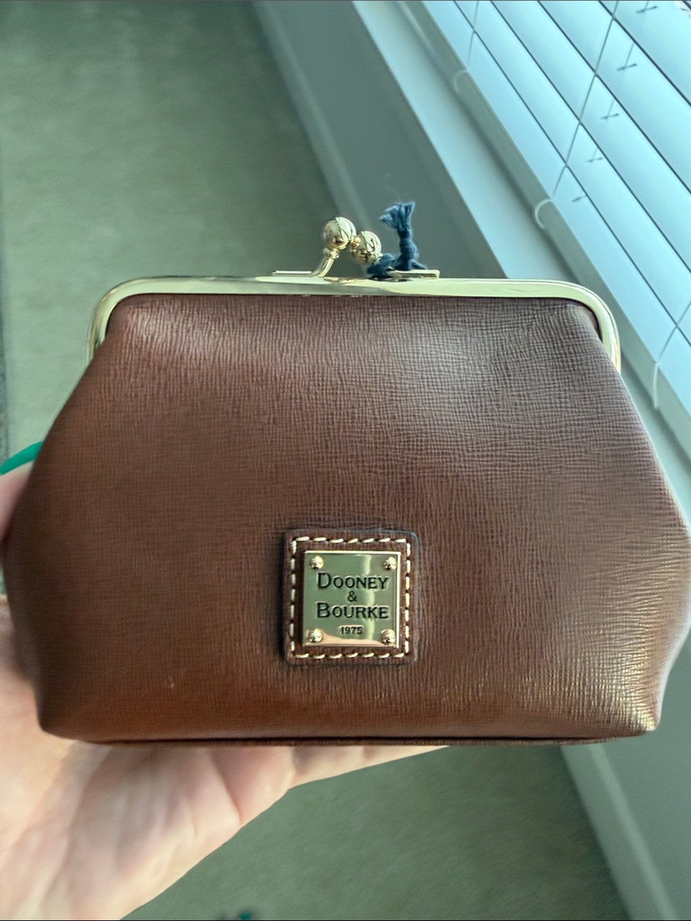 Dooney & Bourke Brown Leather Kiss-Lock Wristlet with Gold Hardware
